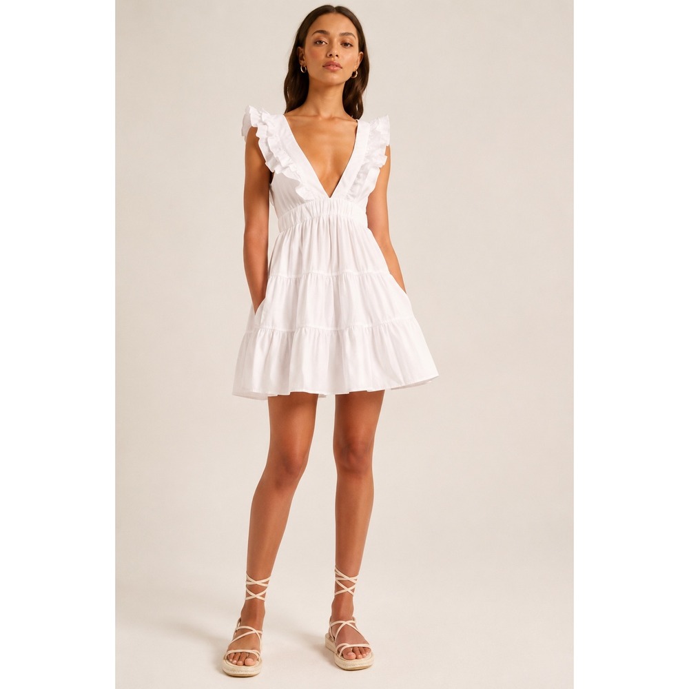 Abercrombie & Fitch Ruffle Tiered Mini Dress Medium White Cottagecore Beach Boho